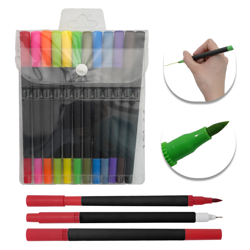 Item No.P001212-Color Dual-Tip Pen Set (Fineliner & Brush, Black Barrel)