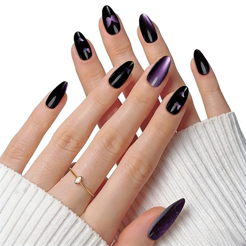 Item No.P0173Purple Butterfly Design Cat Eye Gel Press-On Nails Set